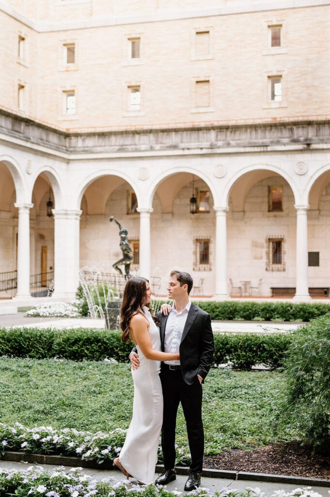 Engagement photos in the courtyard of the Boston Public Library
