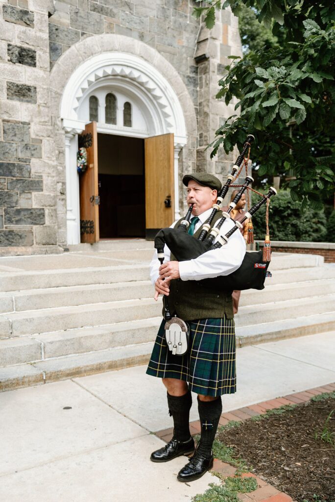 Bagpipe player at ceremony for Boston wedding 