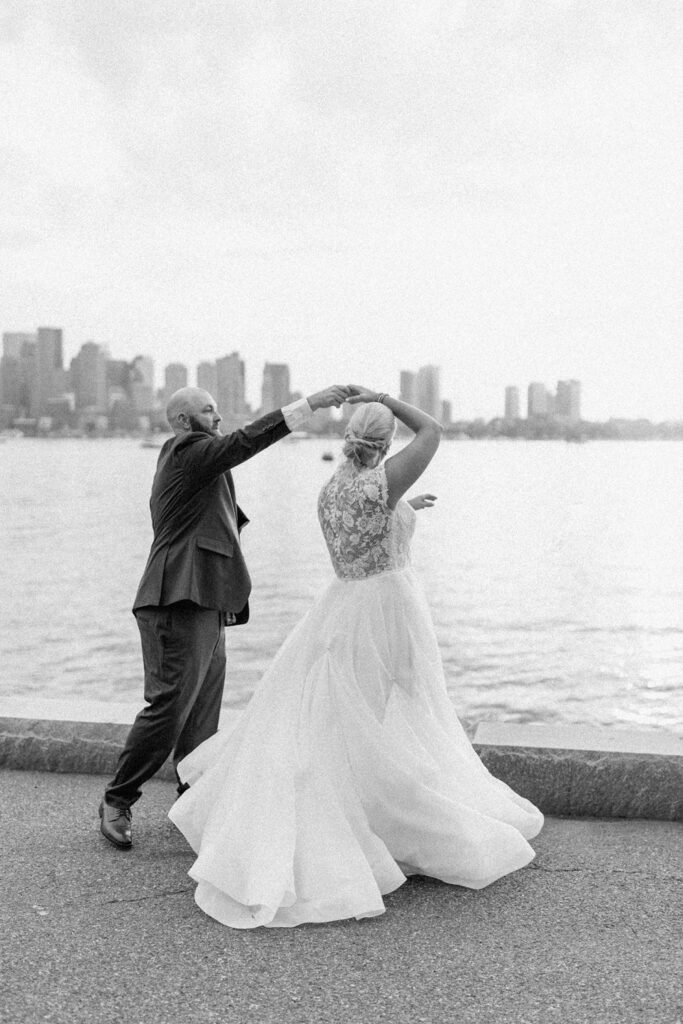 Bride and groom sunset portraits overlooking the Boston Harbor