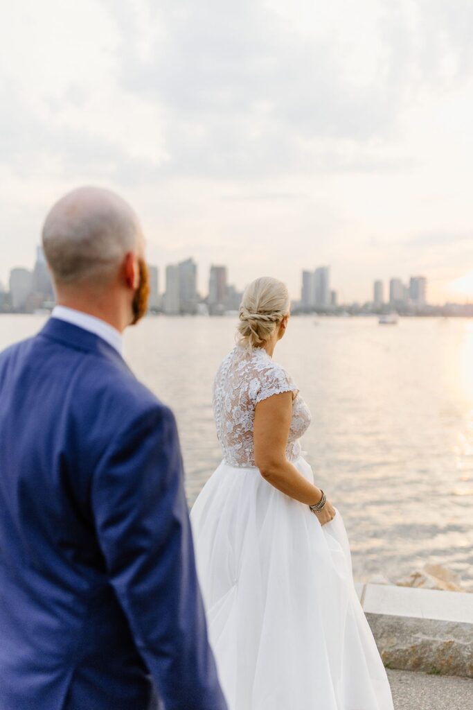 Bride and groom sunset portraits overlooking the Boston Harbor