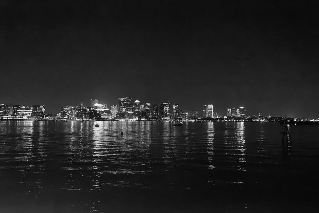 Night time view of Boston skyline from the Hyatt Regency Boston Harbor hotel