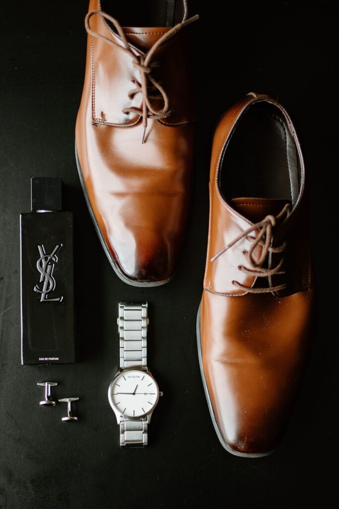 Groom flat lay detail photography