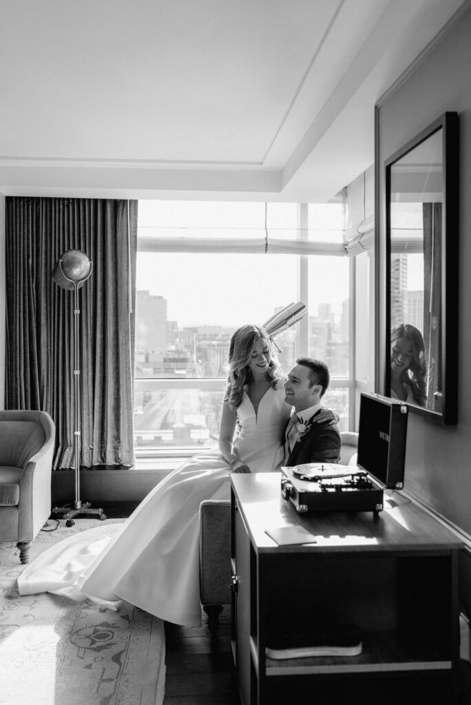 Couple getting ready portrait for State Room wedding in Boston