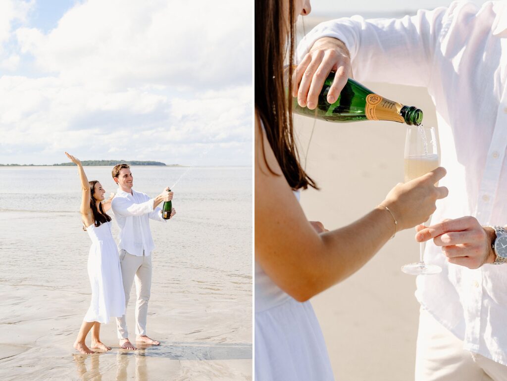 Popping Veuve champagne during beach engagement photos 