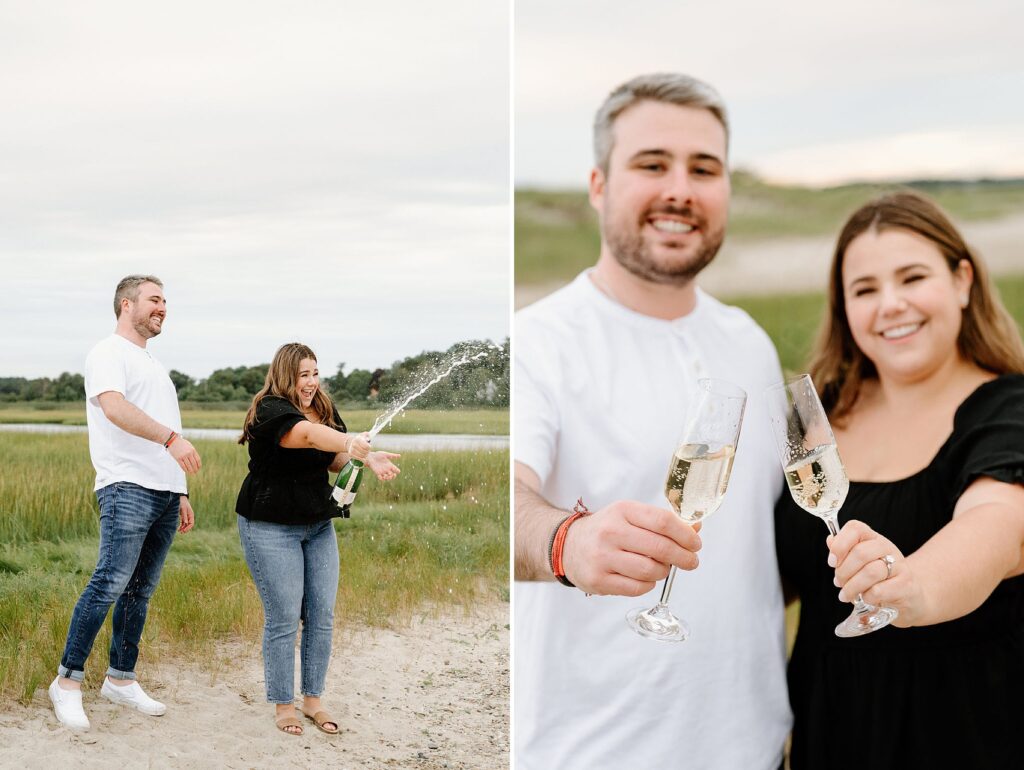 Couple popping champagne during couples session in Boston