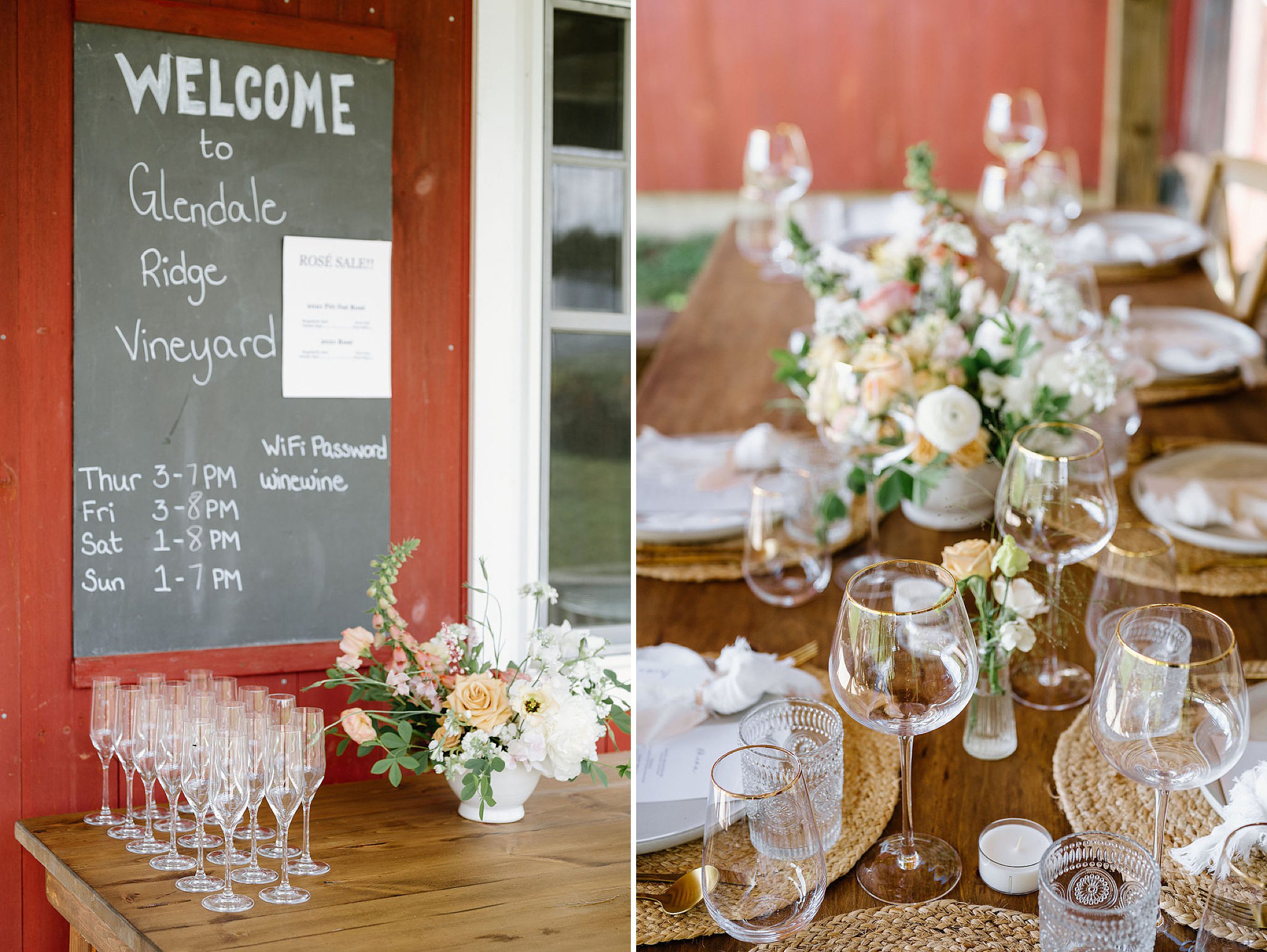 A welcome sign and table settings at the Glendale Ridge Vineyard, one of the best small wedding venues in MA.