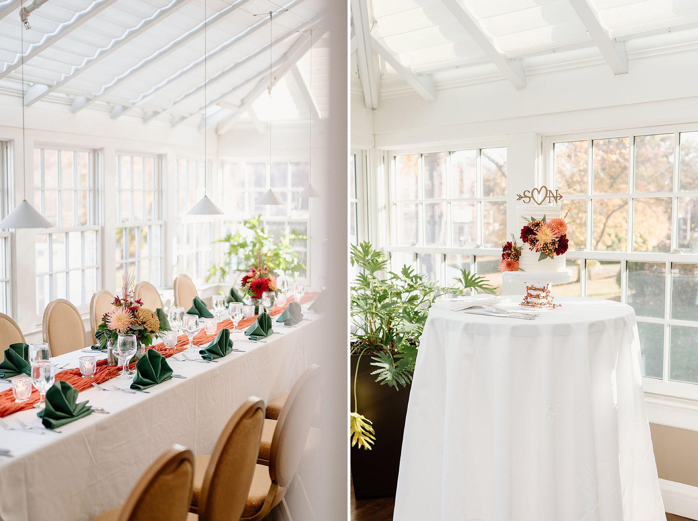 table settings and a wedding cake at the Inn on Boltwood, one of the best small wedding venues in MA.