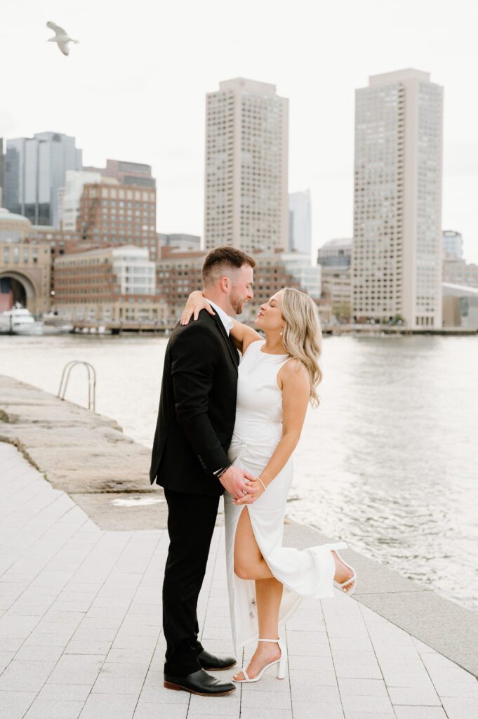 Golden hour engagement portrait in Boston Seaport