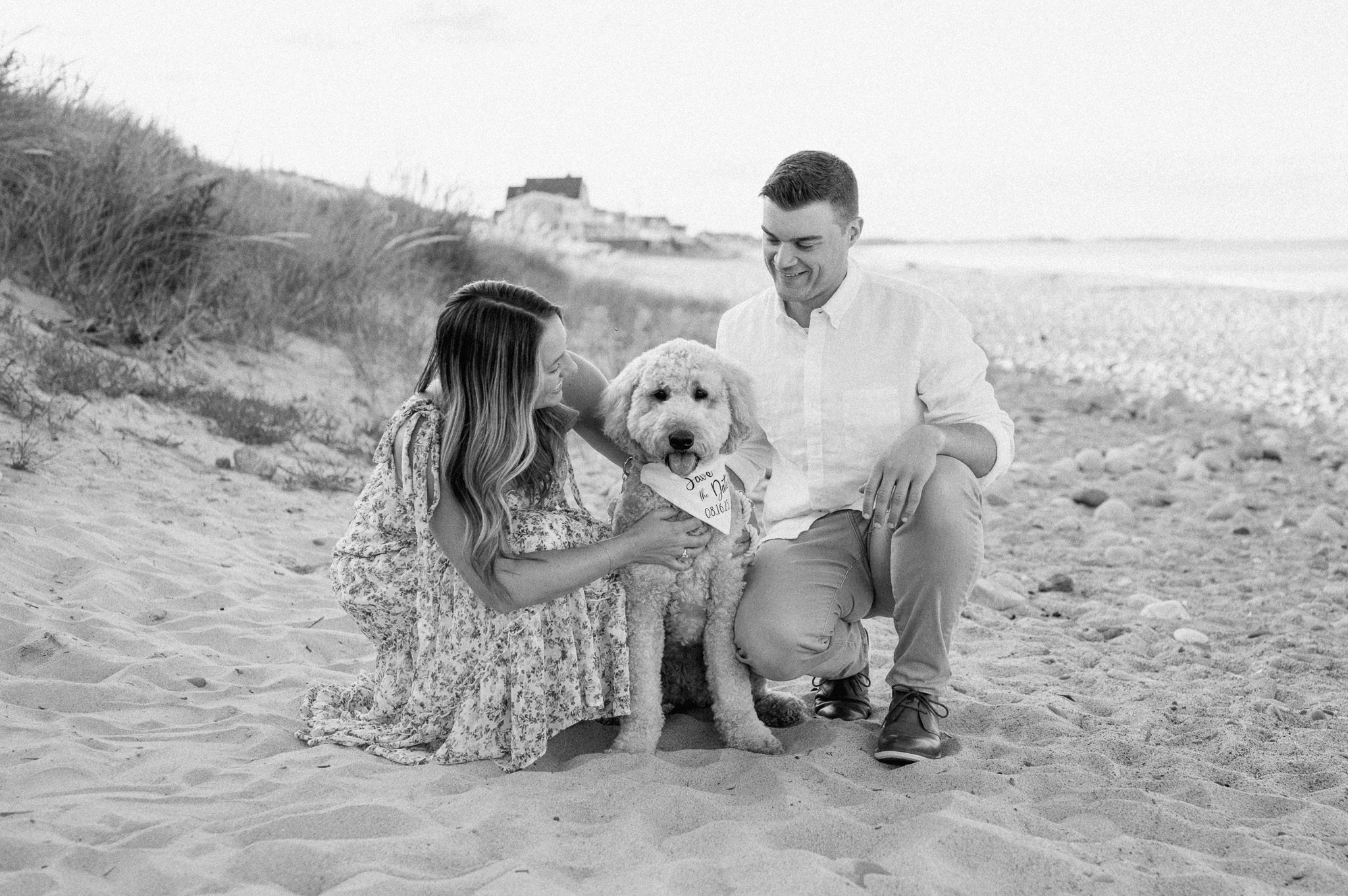 a couple and their dogs on the sand. 