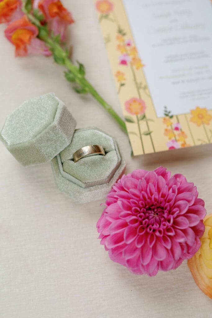 Flat lay of wedding details at Birch Wood Vineyards wedding