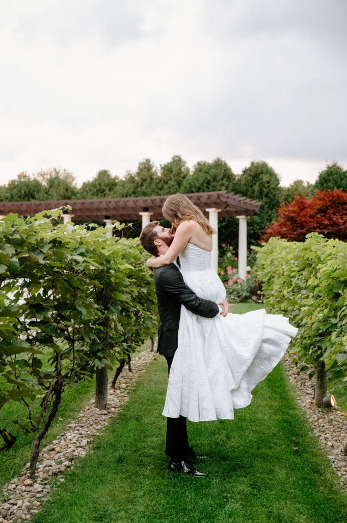 Sunset portraits at Birch Wood Vineyards wedding in Derry NH