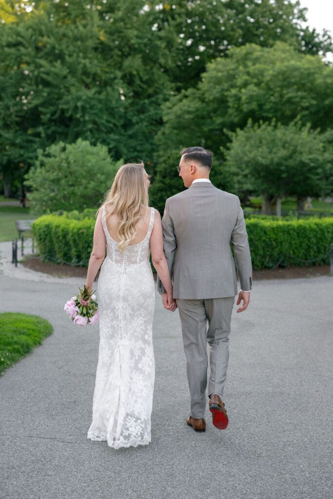 Summer wedding portraits in the Boston Public Garden in Boston, Massachusetts
