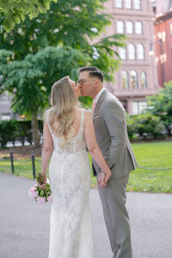 Summer wedding portraits in the Boston Public Garden in Boston, Massachusetts