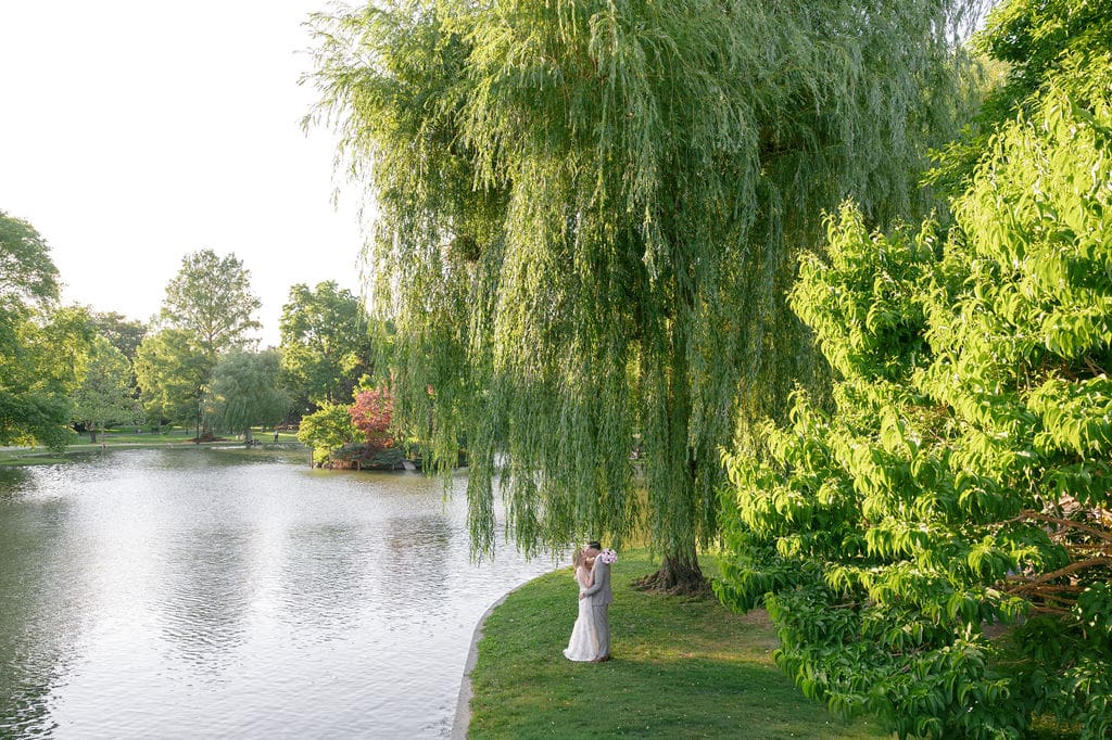Couple beneath willow trees in the Boston Public Garden
