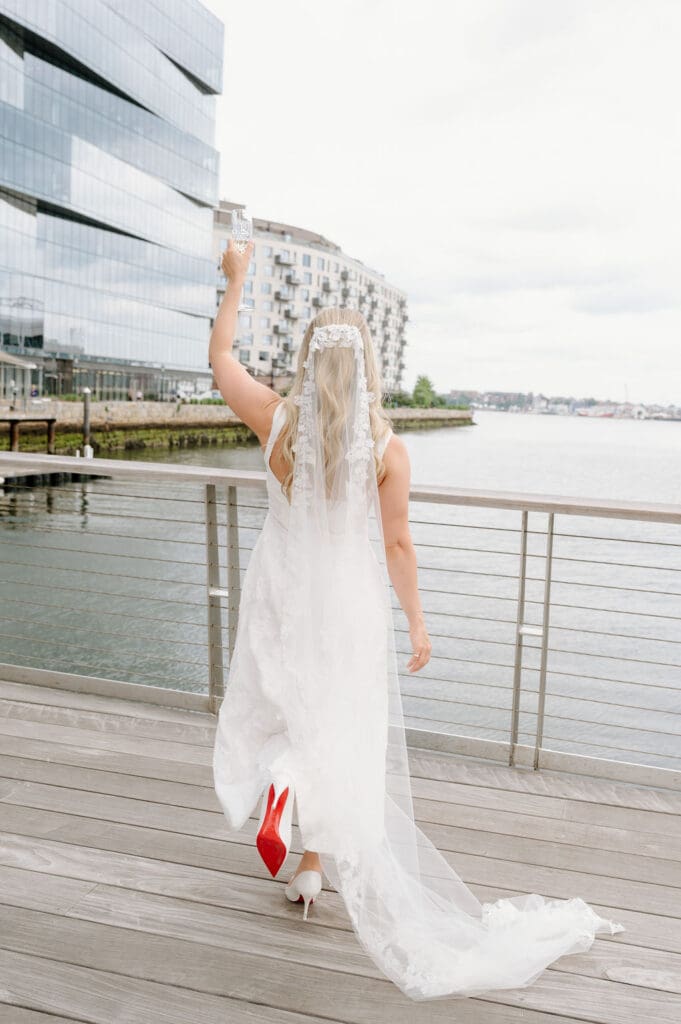Couple celebrating their Boston City Hall wedding over lunch